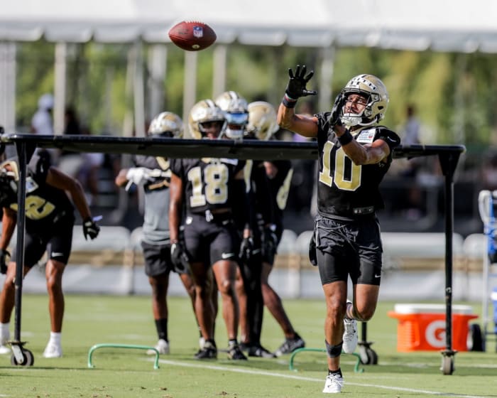 New Orleans Saints receiver Tre'Quan Smith (10) works during training camp at Ochsner Sports Performance Center. Mandatory Credit: Stephen Lew-USA TODAY